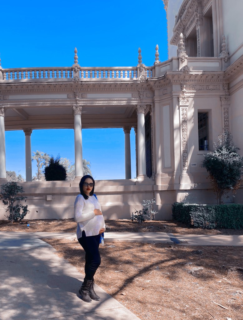 35 weeks pregnant, location: Balboa Park near Spreckels Pavillion